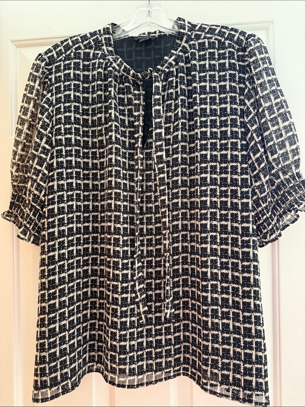 Woven Grid-Print Women’s Blouse in Black and White
